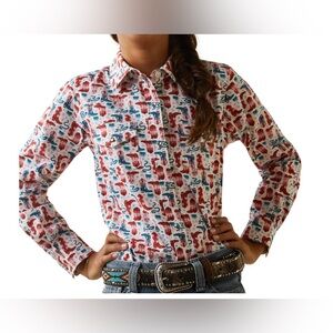 Ariat Cowgirl Rodeo Youth Snap Down Printed Shirt Rhinestone Buttons Medium